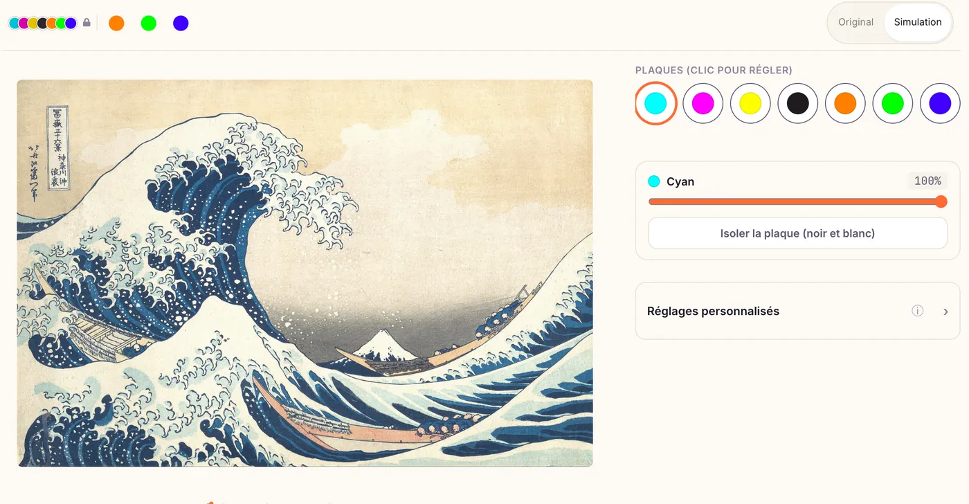 Séparation des couleurs de la Grande Vague d’Hokusai dans Calibration Flow, avec le choix des sept plaques
