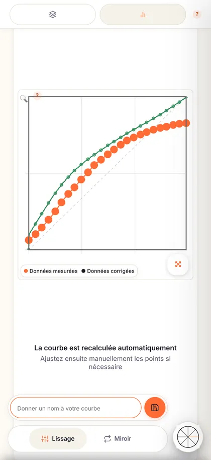 Calibration Flow sur iPhone : la courbe de correction calculée à partir de la mire