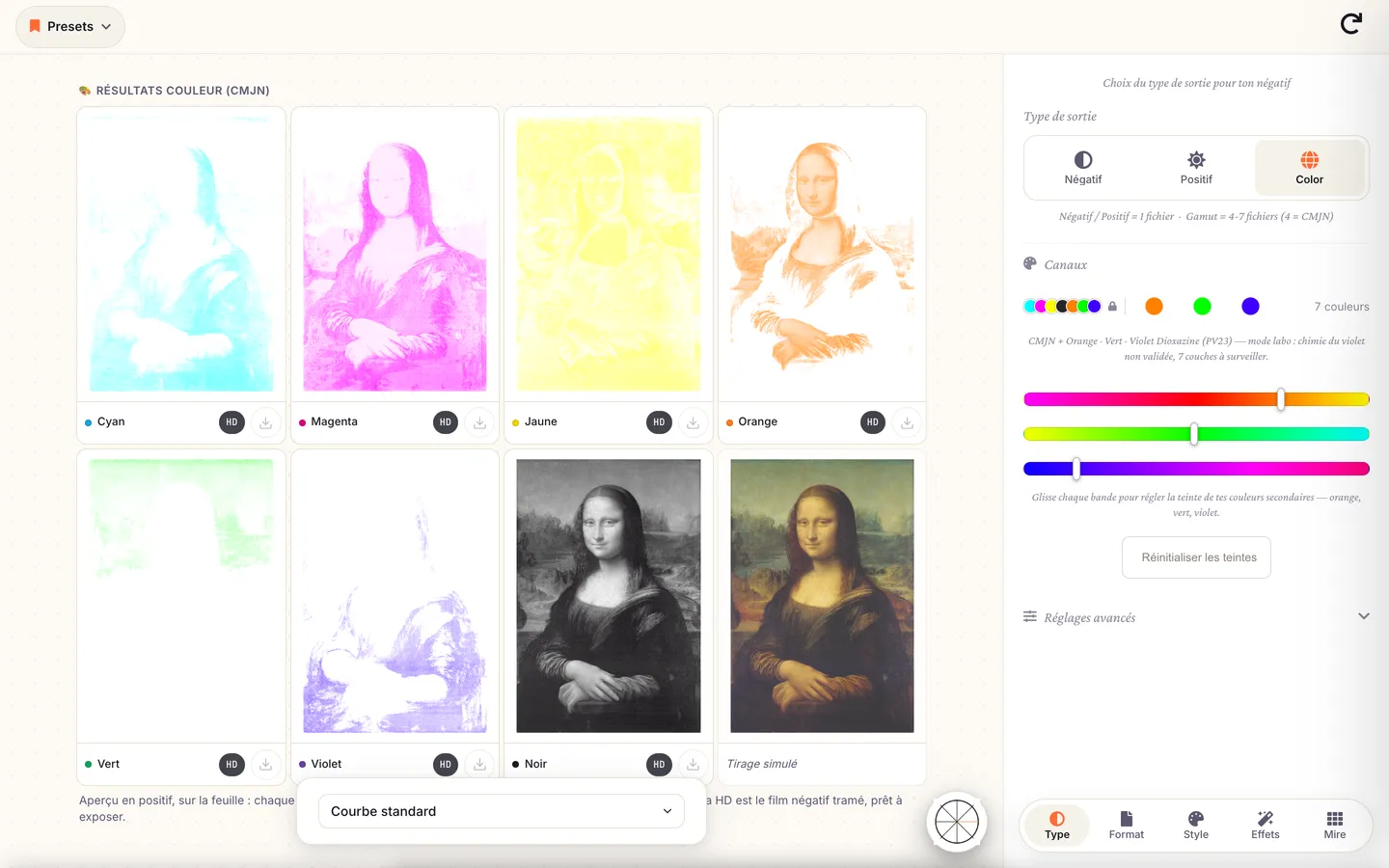 Calibration Flow sur ordinateur : la Joconde séparée en sept plaques de couleur, à côté du tirage simulé